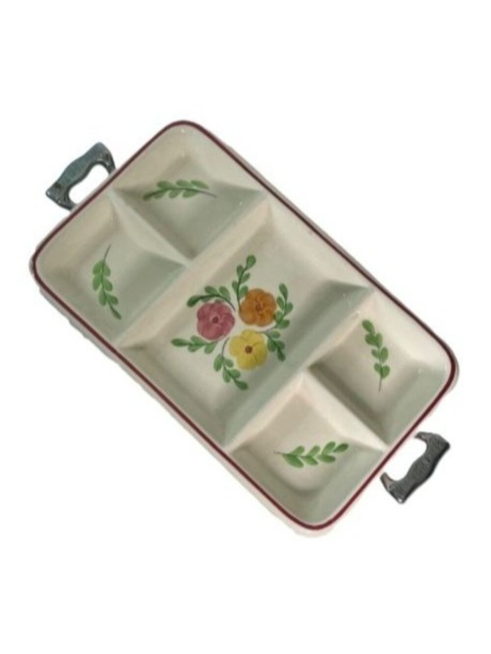 Vintage Divided Relish Tray w/ Metal Serving Frame USA Hand Painted MCM Floral